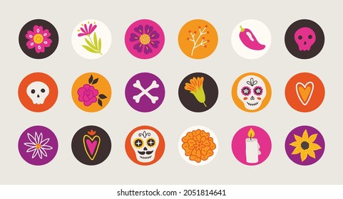 El día de los íconos del círculo muerto con flores, cráneo, huesos, vela, corazón, rosa, pimienta, bayas, caléndulas. Perfecto para las vacaciones mexicanas. Ilustración del vector