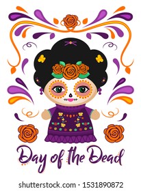 Day of the Dead Classic Mexican Catrina Doll and ornaments vector illustration.