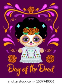 Day of the Dead Classic Mexican Catrina Doll and ornaments vector illustration.