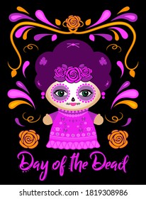 Day of the Dead Classic Mexican Catrina Doll and ornaments vector illustration.