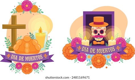 Día de muertos, Clip arte altar de muertos con pan de muertos, caléndulas, velas, cruz y catrín. Tradición mexicana