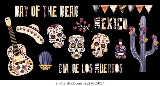 Day of the Dead collection with design elements. The illustration can be used for decorating Day of the Dead-themed events, such as festivals, parties, clothing items, such as t-shirts, scarves, or ba