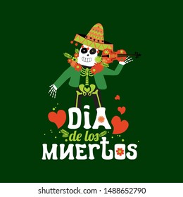 Day of the dead, colorful banner and postcard with traditional colors and color, Mexican holiday, sugar skull. November, dancing, drinking, music. Vector illustration.