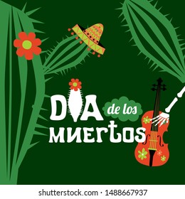 Day of the dead, colorful banner and postcard with traditional flowers and musical instruments. November, dancing, drinking, music. Mexican holiday, sugar skull. Vector illustration.