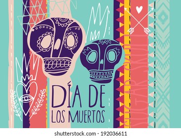 La tarjeta colorida del Día de los Muertos. Calavera con corazón y fuego.