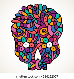 Day of The Dead colorful doodle skull with floral ornament.