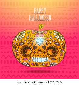 Day of The Dead colorful Happy halloween pumpkin skull with floral ornament. 