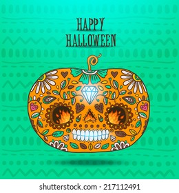 Day of The Dead colorful Happy halloween pumpkin skull with floral ornament. 