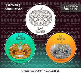 Day of The Dead colorful Happy halloween pumpkin skull with floral ornament. 
