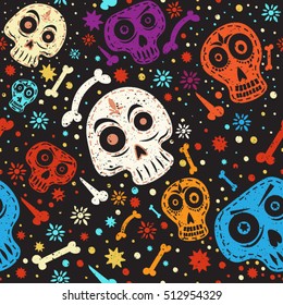 Day of The Dead colorful mexican skull with floral ornament and flower seamless pattern