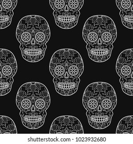 Day of The Dead colorful Skull with floral ornament. Seamless pattern. Mexican sugar skull. Vector illustration
