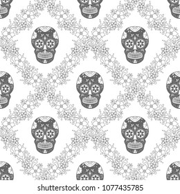 Day of The Dead colorful Skull with floral ornament. Seamless pattern. Mexican sugar skull. Vector illustration
