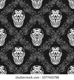 Day of The Dead colorful Skull with floral ornament. Seamless pattern. Mexican sugar skull. Vector illustration
