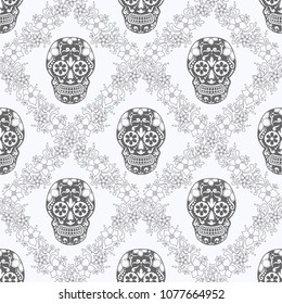 Day of The Dead colorful Skull with floral ornament. Seamless pattern. Mexican sugar skull. Vector illustration
