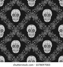 Day of The Dead colorful Skull with floral ornament. Seamless pattern. Mexican sugar skull. Vector illustration
