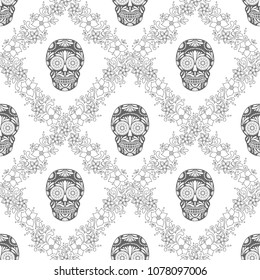 Day of The Dead colorful Skull with floral ornament. Seamless pattern. Mexican sugar skull. Vector illustration
