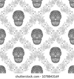 Day of The Dead colorful Skull with floral ornament. Seamless pattern. Mexican sugar skull. Vector illustration
