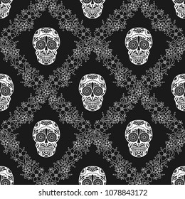 Day of The Dead colorful Skull with floral ornament. Seamless pattern. Mexican sugar skull. Vector illustration
