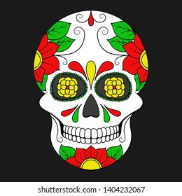 Day of The Dead colorful Skull with floral ornament. Mexican sugar skull. Vector illustration
