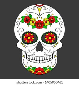 Day of The Dead colorful Skull with floral ornament. Mexican sugar skull. Vector illustration
