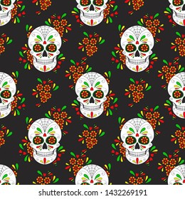 Day of The Dead colorful Skull with floral ornament. Seamless pattern. Mexican sugar skull. Vector illustration

