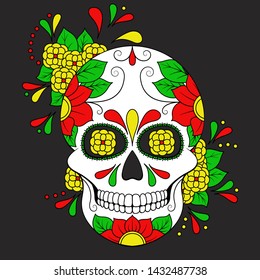 Day of The Dead colorful Skull with floral ornament. Mexican sugar skull. Vector illustration
