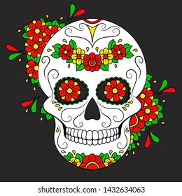 Day of The Dead colorful Skull with floral ornament. Mexican sugar skull. Vector illustration
