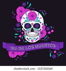 Day of The Dead colorful Skull with floral ornament and ribbon with text Dia De Los Muertos. Mexican sugar skull. Vector illustration