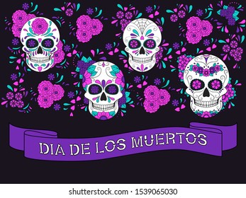 Day of The Dead colorful Skull with floral ornament and ribbon with text Dia De Los Muertos. Mexican sugar skull. Vector illustration