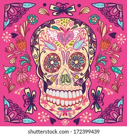 Day of The Dead colorful Skull with floral ornament in bright colors. Fire skull.