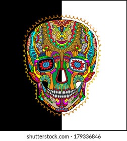 Day of The Dead colorful Skull with floral ornament, black and white background