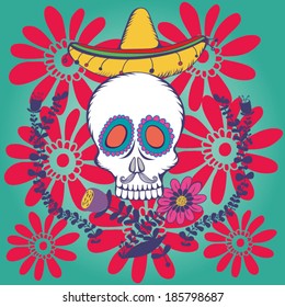 Day of The Dead colorful Skull with floral ornament. Fire skull.