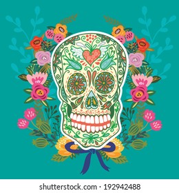 Day of The Dead colorful Skull with floral wreath.