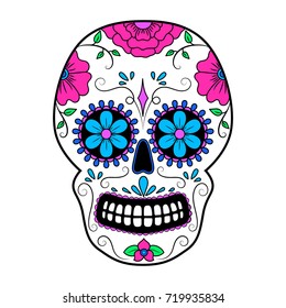 Día de los muertos y colorido cráneo con adorno floral. Calavera de azúcar mexicana. Ilustración del vector
