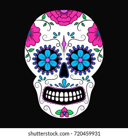 Day of The Dead colorful Skull with floral ornament. Mexican sugar skull. Vector illustration
