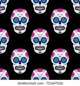 Day of The Dead colorful Skull with floral ornament. Seamless pattern. Mexican sugar skull. Vector illustration
