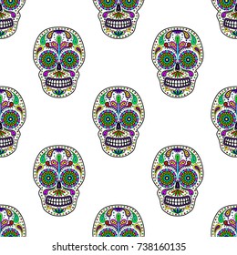 Day of The Dead colorful Skull with floral ornament. Seamless pattern. Mexican sugar skull. Vector illustration
