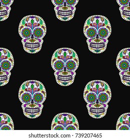 Day of The Dead colorful Skull with floral ornament. Seamless pattern. Mexican sugar skull. Vector illustration
