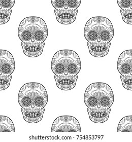 Day of The Dead colorful Skull with floral ornament. Seamless pattern. Mexican sugar skull. Vector illustration
