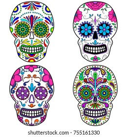 Day of The Dead colorful Skull with floral ornament. Mexican sugar skull set. Vector illustration
