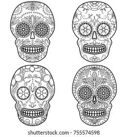 Day of The Dead colorful Skull with floral ornament. Mexican sugar skull set. Vector illustration
