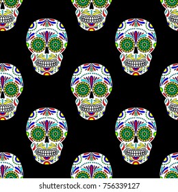 Day of The Dead colorful Skull with floral ornament. Seamless pattern. Mexican sugar skull. Vector illustration
