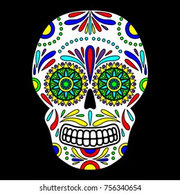Day of The Dead colorful Skull with floral ornament. Mexican sugar skull. Vector illustration
