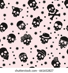 Day of the dead, colorful stylish skull with ornament and floral pattern. Seamless pattern.