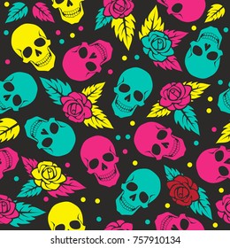 Day of the dead, colorful stylish skull with ornament and floral