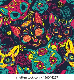 Day of The Dead colorful sugar cat skull with floral ornament and flower seamless pattern