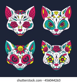 Day Of The Dead Colorful Sugar Cat Skull Vector Illustration Set