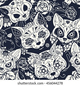 Day of The Dead colorful sugar cat skull with floral ornament and flower seamless pattern