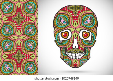 Day of The Dead colorful Sugar Skull with doodle ornament and decorative seamless floral geometric pattern. Hand drawn art background, tattoo, Halloween party card design, textile or paper print