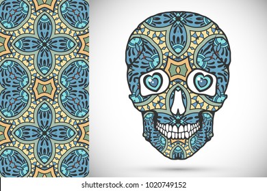 Day of The Dead colorful Sugar Skull with doodle ornament and decorative seamless floral geometric pattern. Hand drawn art background, tattoo, Halloween party card design, textile or paper print